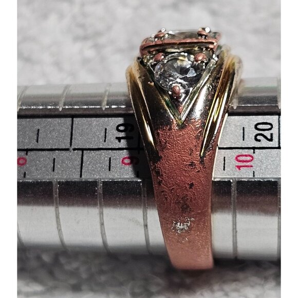 Mens Size 10 Vintage Seta 14K Gold-Plated Ring 3 Clear Stones & Textured Band - Picture 5 of 6